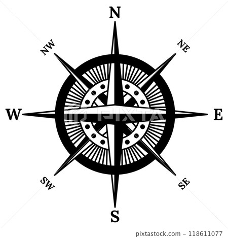 Retro compass icon. Hand drawn wind rose. Old vector design element for marine theme or heraldry. Vintage rose of wind for sea marine navigation 118611077