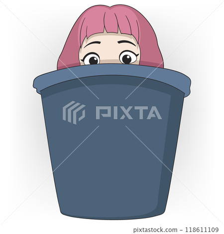girl is hiding in a trash can and peeking out in fear girl is hiding in a trash can and peeking out in fear 118611109