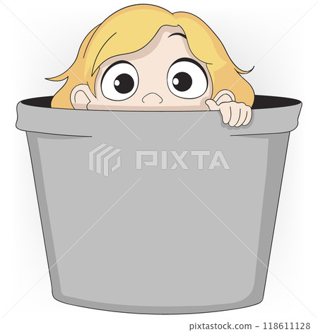 a girl is hiding in a trash can and peeking 118611128