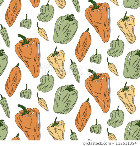 Pepper culinary pattern in orange and green colors, doodle on white background Pepper culinary pattern in orange and green colors, doodle on white background 118611354