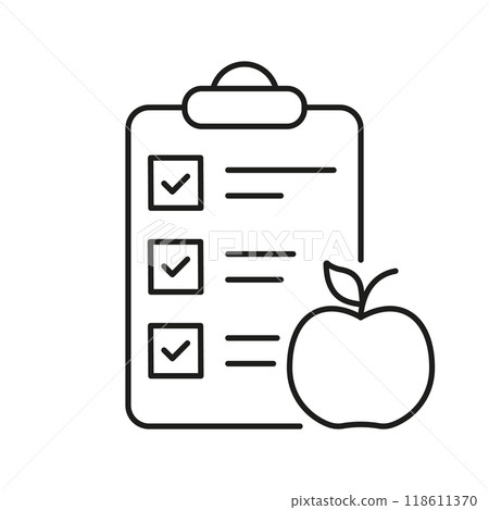 Diet Planning Checklist With Apple Line Icon, Healthy Food And Nutrition Concept, Wellness And Diet Design. Nutritious Food Choices. Isolated Vector Illustration Diet Planning Checklist With Apple Line Icon, Healthy Food And Nutrition Concept, Wellness And Diet Design. Nutritious Food Choices. Isolated Vector Illustration 118611370