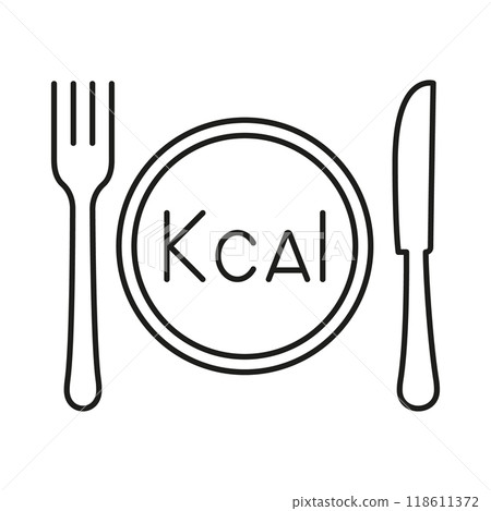 Calorie Count Line Icon With Plate, Fork, Knife. Healthy Dining And Nutrition Outline Icon. Healthy Eating And Diet. Isolated Vector Illustration 118611372