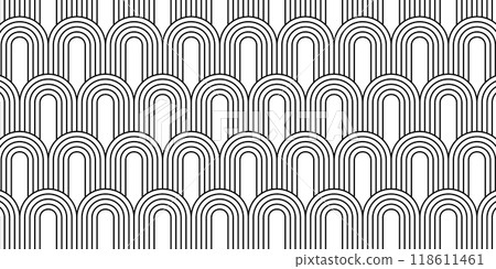 Repeating arch shapes pattern. Boho or art deco style print. Modern geometric background with arc forms. Elegant retro decoration. Trendy abstract wallpaper. Vector graphic illustration 118611461