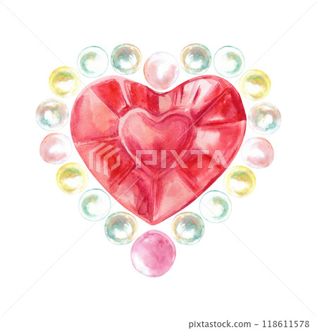 Crystal red heart surrounded with pearls hand-painted in watercolor. Brooch from precious faceted shine stone in the shape of heart. Illustration drawn of mother-of-pearl sea pearls and red gemstone Crystal red heart surrounded with pearls hand-painted in watercolor. Brooch from precious faceted shine stone in the shape of heart. Illustration drawn of mother-of-pearl sea pearls and red gemstone 118611578