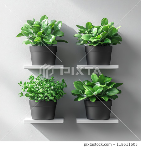 Lush green plants in black pots are elegantly displayed on white square shelves, creating refreshing and modern aesthetic for any space Lush green plants in black pots are elegantly displayed on white square shelves, creating refreshing and modern aesthetic for any space 118611603