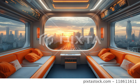A modern high speed train interior showcases comfortable seating with orange cushions, offering stunning view of city skyline at sunset. ambiance is warm and inviting, perfect for travelers A modern high speed train interior showcases comfortable seating with orange cushions, offering stunning view of city skyline at sunset. ambiance is warm and inviting, perfect for travelers 118611611