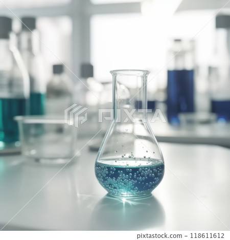 A clean, white, shining lab features flask filled with blue liquid, surrounded by various glassware. atmosphere is bright and scientific, evoking sense of discovery and innovation 118611612