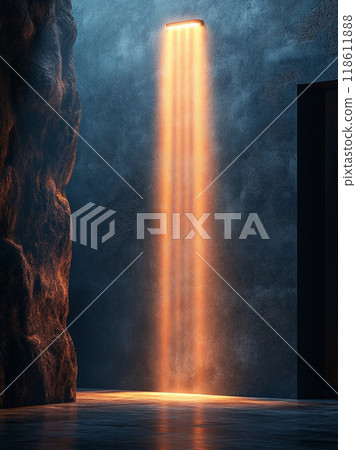 stunning LED downlight illuminates dark, textured space, creating dramatic contrast with warm orange light. atmosphere feels both modern and inviting, perfect for contemporary design 118611888