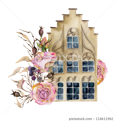 Old European city town street houses facades, rose berry lunaria flowers. Historical cityscape building. Watercolor hand drawn illustration. Tourist shops, souvenirs, travel brochures, real estate Old European city town street houses facades, rose berry lunaria flowers. Historical cityscape building. Watercolor hand drawn illustration. Tourist shops, souvenirs, travel brochures, real estate 118611992