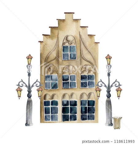 Old European city town village street house. Historical urban cityscape gothic building, lamp posts. Watercolor hand drawn illustration. Tourist shops souvenirs, travel brochures, architectural bureau 118611993