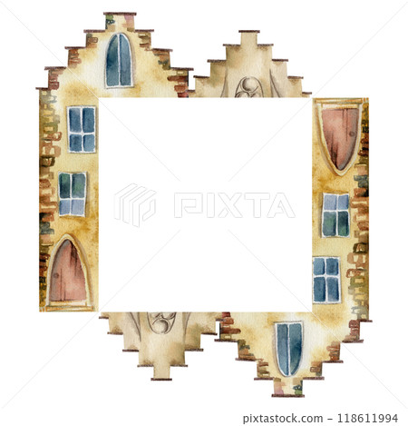 Old European city town street houses, urban exterior facades. Historical cityscape building. Watercolor hand drawn border frame. For tourist shops, souvenirs, travel brochures, architectural bureau Old European city town street houses, urban exterior facades. Historical cityscape building. Watercolor hand drawn border frame. For tourist shops, souvenirs, travel brochures, architectural bureau 118611994