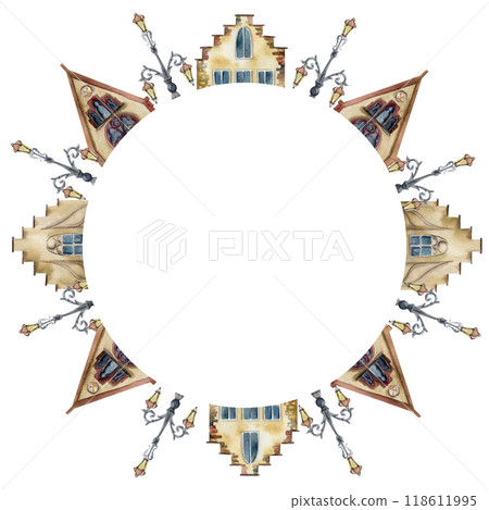 Old European city town street house church. Historical cityscape religious building, lamp posts. Watercolor hand drawn wreath frame. Tourist shops, souvenirs, travel brochures, architectural bureau Old European city town street house church. Historical cityscape religious building, lamp posts. Watercolor hand drawn wreath frame. Tourist shops, souvenirs, travel brochures, architectural bureau 118611995