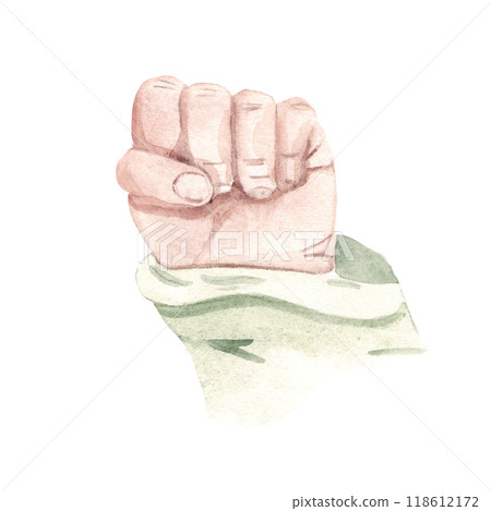 Newborn Baby Hand. Hand drawn Watercolor illustration of Child Fist isolated on a white background. For Baby shower and Gender Party Cards and Invitations. 118612172