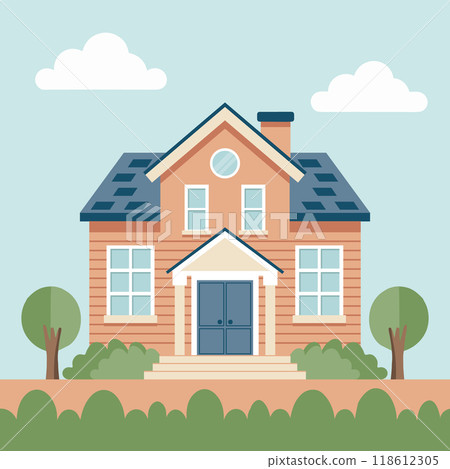 Cozy country house among green trees and bushes. Rural cozy cottage. Flat style illustration Cozy country house among green trees and bushes. Rural cozy cottage. Flat style illustration 118612305