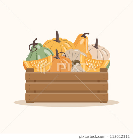 Illustration of a wooden box full of pumpkins. Autumn decoration, composition of pumpkins. Autumn harvest postcard 118612311