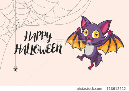 Calligraphy lettering Happy Halloween with cute bat character and spider web. Retro illustration, postcard 118612312