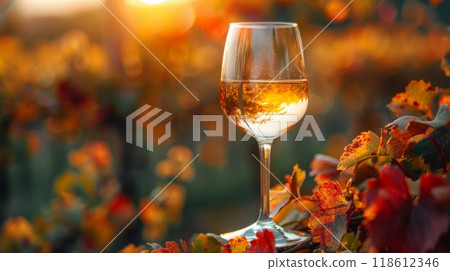 Autumn or fall season. White wine in wineglass near grapevine with red and yellow leaves on vineyard at bright sunlight on nice autumn day closeup Autumn or fall season. White wine in wineglass near grapevine with red and yellow leaves on vineyard at bright sunlight on nice autumn day closeup 118612346