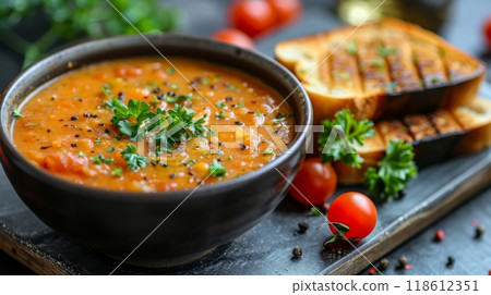 Autumn or fall season. Comforting Soups and Stews . a bowl of creamy tomato soup, accompanied by a grilled cheese sandwich, representing the classic and comforting combination of flavors 118612351
