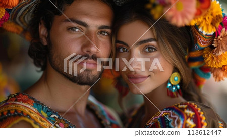 Hispanic Heritage Month . lovely hispanic couple in traditional clothes, man and woman looking at each other against Festive Backdrop in city 118612447
