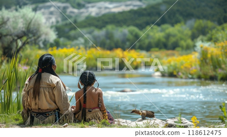 Native American Heritage Month. A Native American family gathered by a river, their faces reflecting the serenity of the natural surroundings, embodying their harmonious relationship with nature. 118612475