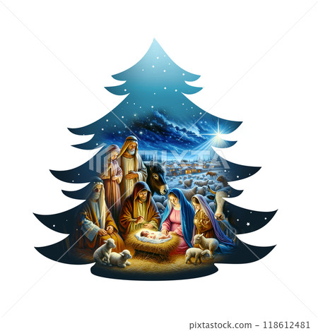Christmas tree shape silhouette Oil painting representing the holy family. Nativity scene in Bethlehem. Christmas scene illustration. Blue starry sky background Christmas tree shape silhouette Oil painting representing the holy family. Nativity scene in Bethlehem. Christmas scene illustration. Blue starry sky background 118612481