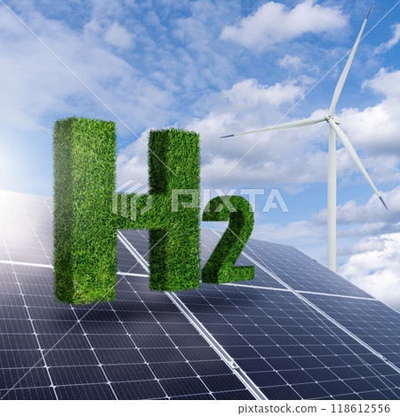 Getting green hydrogen from renewable energy sources. Concept. Getting green hydrogen from renewable energy sources. Concept. 118612556