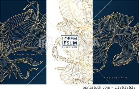 Vector set of golden line floral labels, art deco vintage leaves, flowers, japanese style illustration. Luxury cards, elegant texture. Vector set of golden line floral labels, art deco vintage leaves, flowers, japanese style illustration. Luxury cards, elegant texture. 118612622