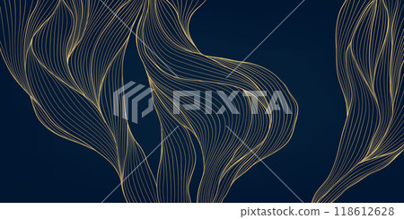 Vector gold line wave background, glitter on black premium flow illustration. Japanese copper vintage pattern, luxury fancy ornament, hand drawn. Vector gold line wave background, glitter on black premium flow illustration. Japanese copper vintage pattern, luxury fancy ornament, hand drawn. 118612628