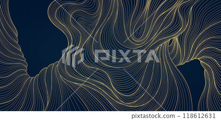 Vector gold line wave background, glitter on black premium flow illustration. Japanese copper vintage pattern, luxury fancy ornament, hand drawn. 118612631