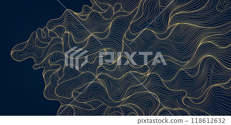 Vector gold line wave background, glitter on black premium flow illustration. Japanese copper vintage pattern, luxury fancy ornament, hand drawn. Vector gold line wave background, glitter on black premium flow illustration. Japanese copper vintage pattern, luxury fancy ornament, hand drawn. 118612632