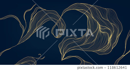 Vector line leaves wallpaper, gold on dark japanese illustration, wavy floral ornament. Premium flower abstract design, jungle pattern. Vector line leaves wallpaper, gold on dark japanese illustration, wavy floral ornament. Premium flower abstract design, jungle pattern. 118612641