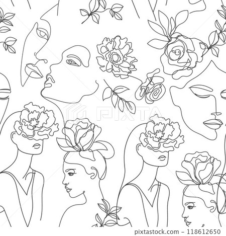 Vector one line black and white woman face seamless pattern, female art portraits with monoline flowers and leaves, beauty minimalist background, illustration. Vector one line black and white woman face seamless pattern, female art portraits with monoline flowers and leaves, beauty minimalist background, illustration. 118612650