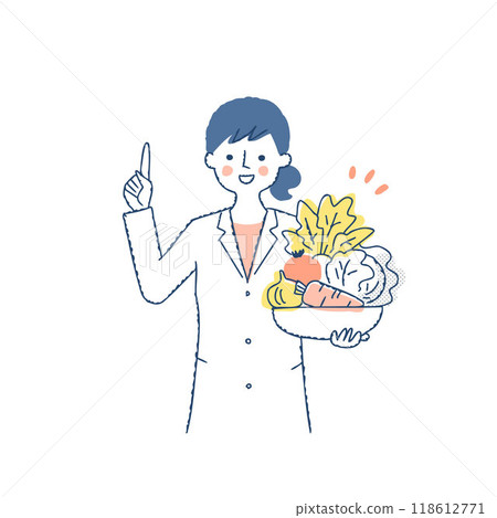 A female nutritionist holding vegetables and explaining 118612771