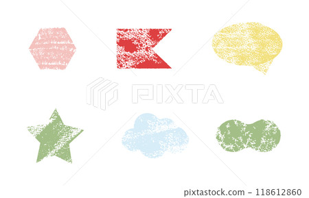 Crayon frame simple border, chalk pastel drawing. Cute geometric shpes, headline, textured title. Doodle childish elements. 118612860