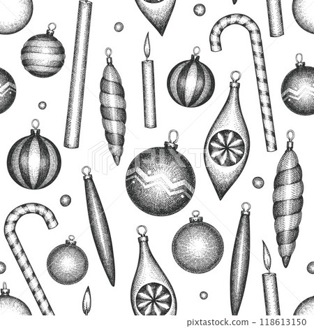 Christmas Hand Drawn Vector Seamless Pattern. Vintage Style Botanical Illustration. Winter Holidays Plants Xmas Background. 118613150