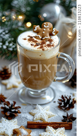 Festive Latte with Gingerbread Man and Christmas Decor 118613223