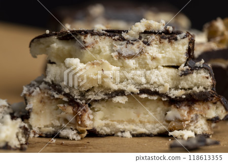 close-up of a piece of cake with nuts and cottage cheese 118613355