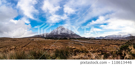 Aerial view of Mount Errigal in the winter, the highest mountain in Donegal - Ireland. 118613446