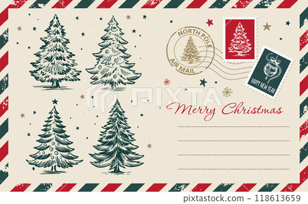 Postcard, Christmas mail with tree, hand drawn illustration. Postcard, Christmas mail with tree, hand drawn illustration. 118613659
