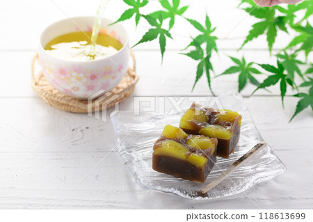 Yokan (steamed chestnut yokan) served on a glass plate Yokan (steamed chestnut yokan) served on a glass plate 118613699
