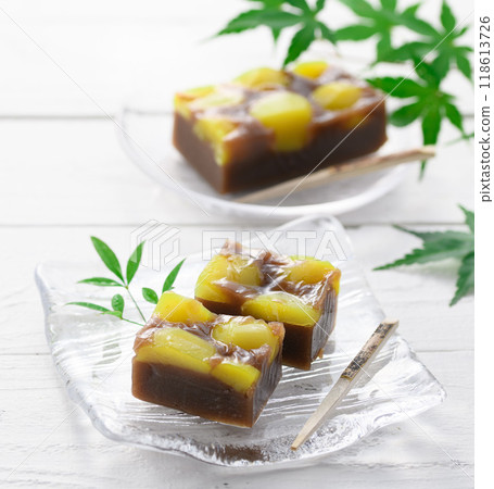 Yokan (steamed chestnut yokan) served on a glass plate Yokan (steamed chestnut yokan) served on a glass plate 118613726