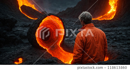 An abstract photograph of a man in an orange jacket standing in a pit filled with hot magma flowing towards him. We don't know what this is about, so why ask about the meaning? Admire dont ask. 118613860