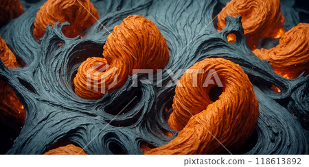 Hot orange soft plastic mixes with a dense wavy gray mass. Texture or background of abstract wavy dense fluid. 118613892