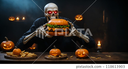 Skeleton figure holding a hamburger in his hands, dungeons or catacombs in the background, Halloween scenery, french fries on the table. Artistic illustration Skeleton figure holding a hamburger in his hands, dungeons or catacombs in the background, Halloween scenery, french fries on the table. Artistic illustration 118613903