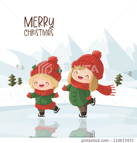 Two children having fun skating on ice together and a snowed landscape 118613915