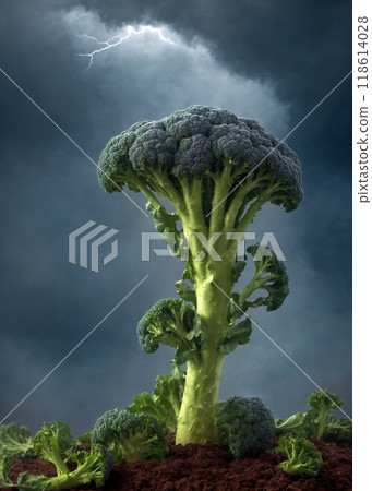 A mature broccoli against a stormy sky with lightning piercing the sky. Artistic food photography 118614028