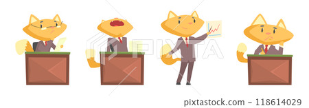 Ginger Cat Businessman Character in Formal Suit and Tie Vector Set Ginger Cat Businessman Character in Formal Suit and Tie Vector Set 118614029