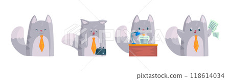 Grey Cat Businessman Character in Formal Tie Vector Set 118614034