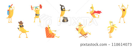 Funny Banana Yellow Character Engaged in Different Activity Vector Set Funny Banana Yellow Character Engaged in Different Activity Vector Set 118614073
