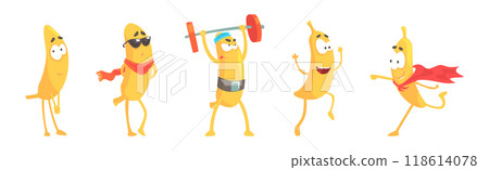 Funny Banana Yellow Character Engaged in Different Activity Vector Set 118614078